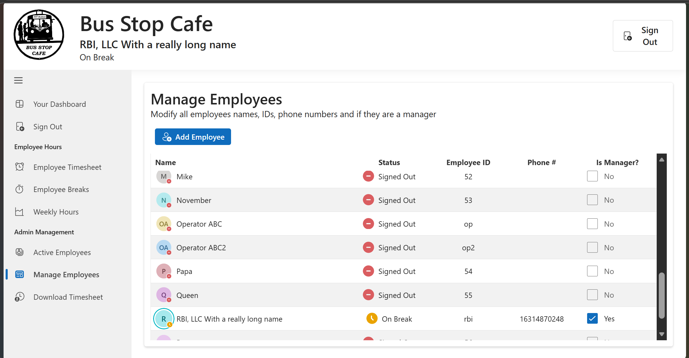 Bus Stop Cafe React Dashboard