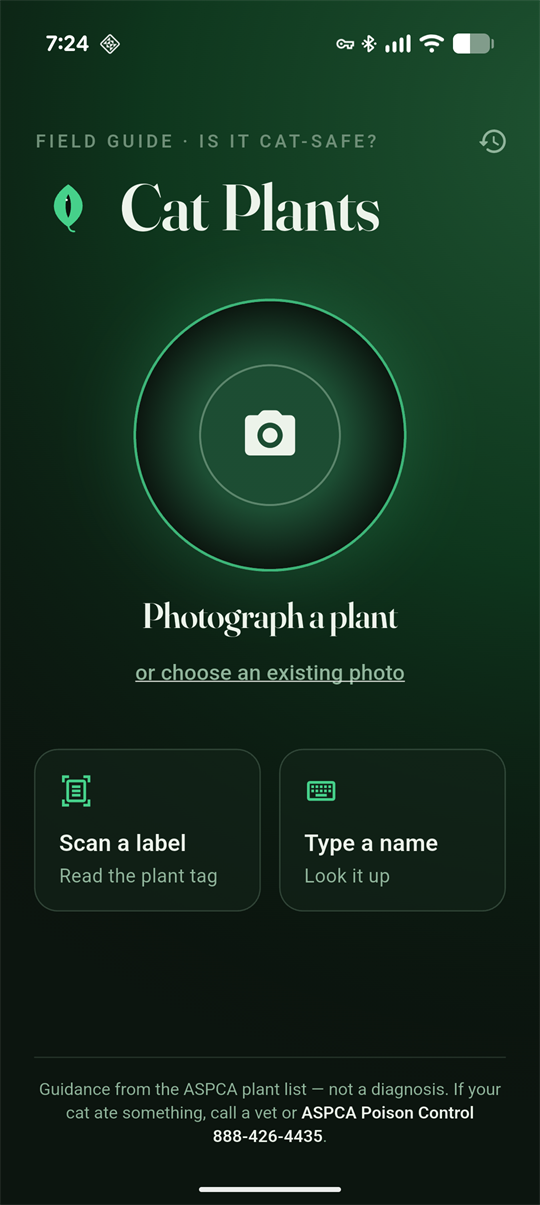 Cat Plants home screen — 983-plant ASPCA safety database