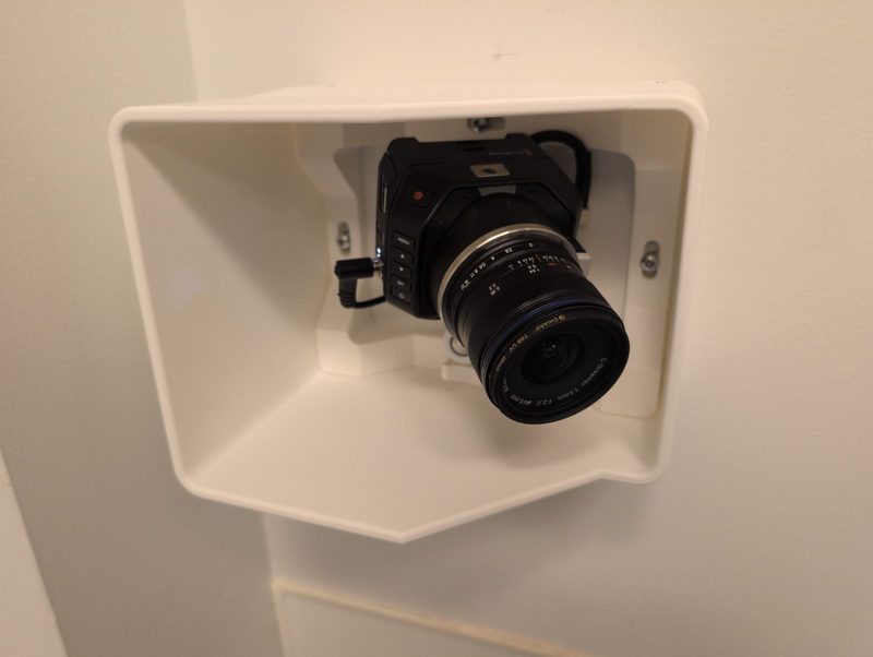 Custom AV camera enclosure, printed and wall-mounted with Blackmagic micro camera
