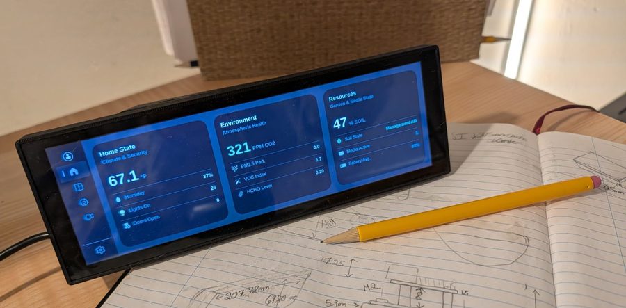 CM5 and Waveshare touch panel running its dashboard on top of the hand-drawn enclosure sketches